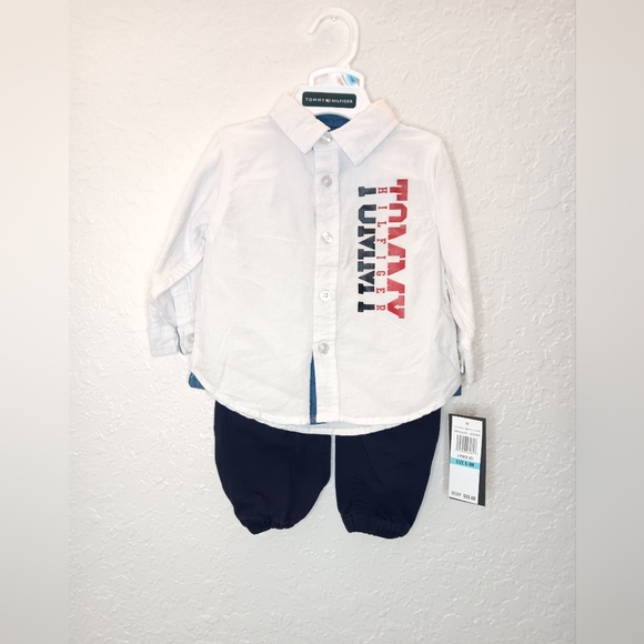 2pc Tommy Hilfiger long sleeve button-up shirt with navy blue pants for baby boy - Picture 7 of 15